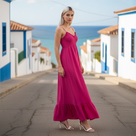 💞 Gigio fuchsia pink smocked spaghetti strap embroidered floral maxi dress small - Picture 1 of 10
